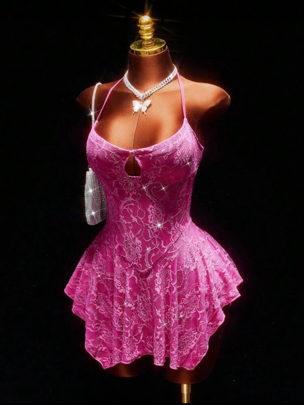 SHEIN Amplova Low-Cut Sequin Lace Fuchsia A-Line Mini Dress